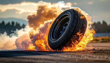 Burning tire on asphalt