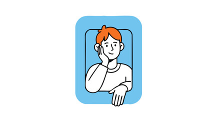 Young man with orange hair thoughtfully looking out from a blue framed window, conveying contemplation or observation.