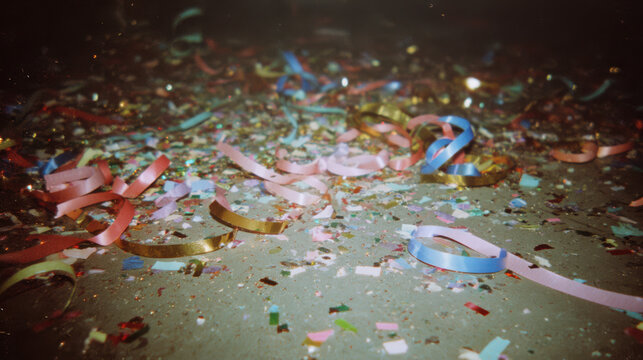 Vintage flash photo of colorful confetti and streamers scattered on the floor after a festive party celebration