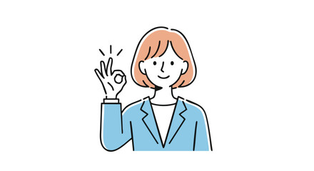 Cheerful Woman in Blue Blazer Gesturing OK Sign