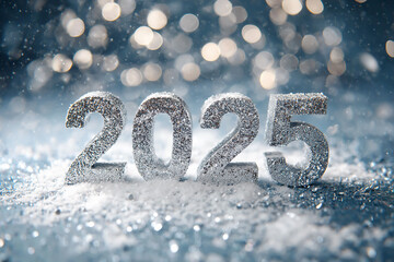 Sparkling silver numbers 2025 with snow and bokeh lights