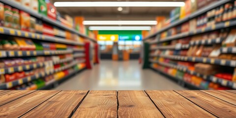 Rustic wooden table against blurred supermarket aisle backdrop,  signage,  countertop
