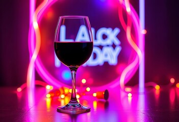 Black Friday wine glass, neon glow background, wine, abstract