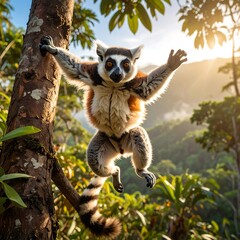 Obraz premium Leaping lemur in a rainforest