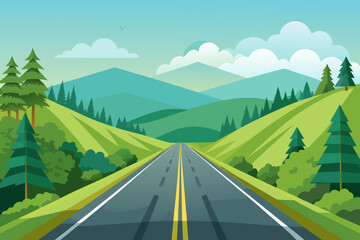 Open road stretching through rolling green hills and majestic mountains under a clear sky