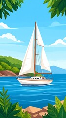 Sailboat on a tranquil sea framed by lush foliage