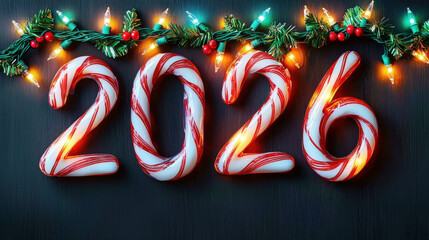 Candy cane number 2026 with glowing LED light, pine branch, and red berry on dark wood background, festive and joyful holiday decoration