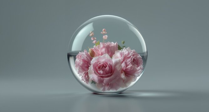 Pink Roses in Glass Sphere, Floral Arrangement, Elegant Still Life, Water Drop Photography