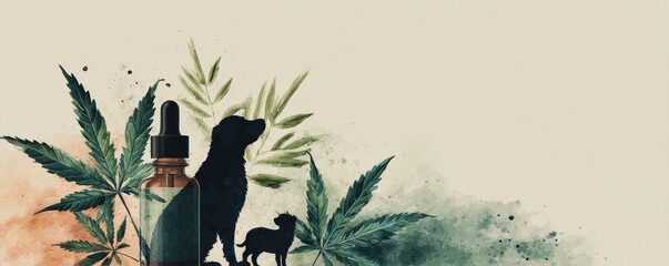Pet CBD Month watercolor of bottle and pet treats. A tranquil scene featuring a dog silhouette and a cannabis oil bottle surrounded by green leaves, symbolizing health and wellness.