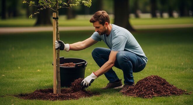Planting a young tree in a garden, man adding mulch around the base of a sapling