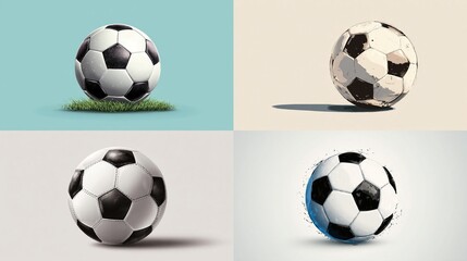 Naklejka premium and keyword list based on the imageFour Soccer Balls Illustrated with Various Styles in Digital Studio on Neutral Color Background.