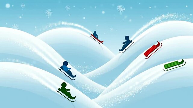 Fun Winter Animation of People Sledding Down Snowy Slopes.