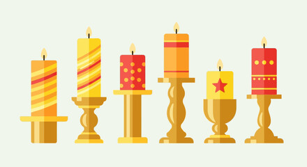 An illustrated collection of six colorful, patterned, lit candles in ornate golden candlesticks.