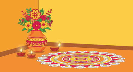 A festive corner decorated with a colorful rangoli design, lit diyas, and a vase of flowers for Diwali.