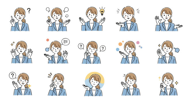 Young professional woman expresses diverse emotions and ideas with clear, modern illustrations