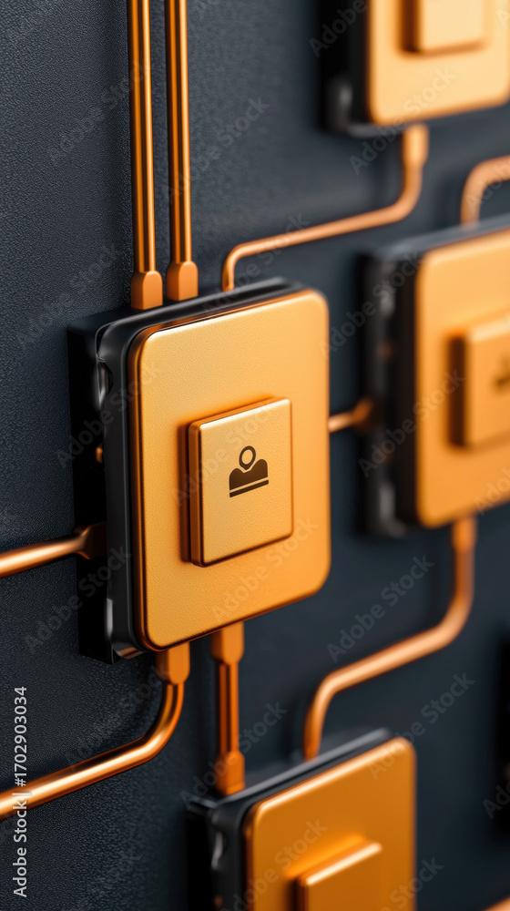 Aufkleber secure file sharing platform interface with user icon, metallic orange buttons, digital network, mod