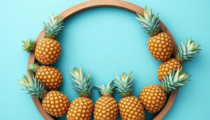 Fototapeta premium Circular arrangement of pineapples within a round frame against a solid backdrop, image, yellow