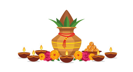 A colorful illustration depicting a traditional Indian religious ceremony with a decorated pot and lit lamps.