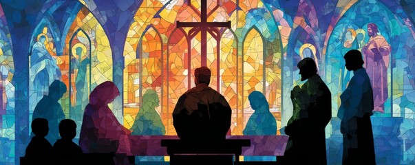 Reformation Day church gathering and study session. Colorful stained glass window silhouettes depict a spiritual gathering in a church, conveying unity and faith.