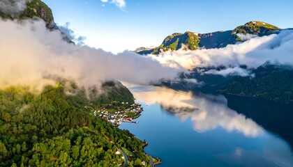Misty fjord landscape at dawn