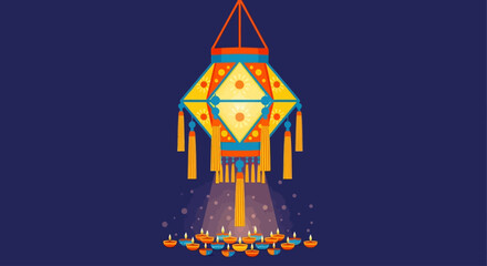 A colorful, geometric Diwali lantern (kandil) hangs above lit diyas, radiating light against a dark blue background.