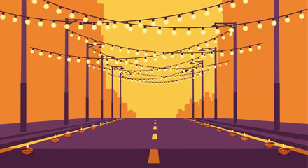 An illustrated city street decorated with hanging string lights and diyas for a festive celebration.