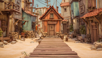 Fototapeta premium A quaint, weathered wooden boardwalk leads to a small, rustic building in a charming village