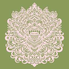 Intricate symmetrical ornamental design featuring a stylized fierce mythical face with elaborate swirling patterns