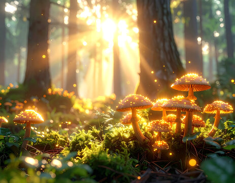 A hidden realm of glowing mushrooms bathed in the warm, magical light of the forest