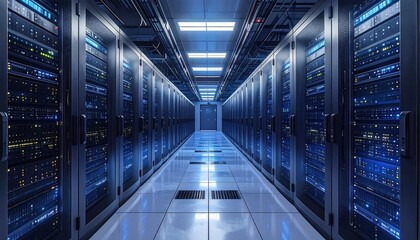 Illuminated server room showcasing data center infrastructure, security