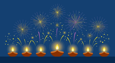 A festive illustration of glowing Diya oil lamps in a row with colorful fireworks celebrating the Hindu festival of Diwali.