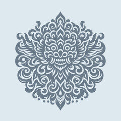 Intricate symmetrical tribal baraong bali mask design with ornate swirling patterns in monochrome style on light background