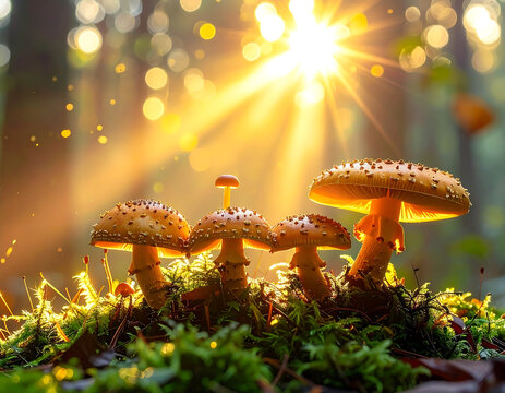 Magical sunbeams illuminating a family of spotted toadstools on the mossy forest floor in an enchanting woodland scene