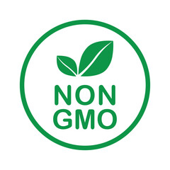 Non GMO label. GMO free icon. Healthy organic food concept. No GMO design element for tags, product packag, food symbol, emblems, stickers. Vegan, bio. Vector illustration. Organic, bio, eco symbol.