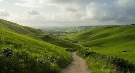 Obraz premium Serene Rolling Hills Landscape with Winding Country Road and Lush Green Meadows