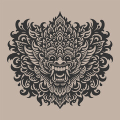 Intricate ornamental tribal barong mask design with symmetrical floral and flame-like patterns in black on beige background
