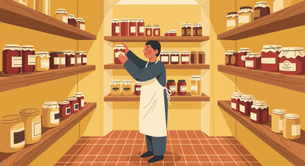 Obraz premium Organized pantry with shelves stocked with homemade preserves and a person arranging jars