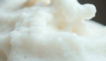 Close-up of fluffy white milk or soy bubble foam, textured surface,  overhead,  food