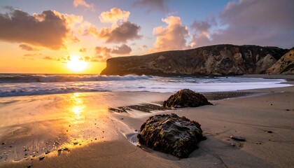 Golden sunset over a rocky beach