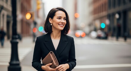 Smiling businesswoman walking in the city, holding a clutch bag