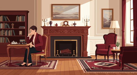 Thoughtful woman playing chess in a cozy vintage room filled with classic furniture