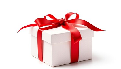 Elegant red ribbon tied atop a square gift box, isolated on white,   retail,   product photography