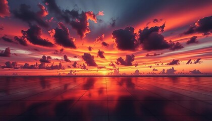 Dark, polished floor reflecting a dramatic sunset cloud horizon,  texture,  depth