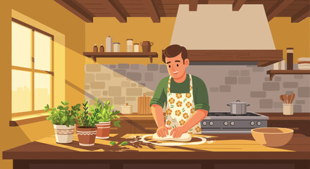 Fototapeta premium Man kneading dough in a sunlit rustic kitchen with plants and traditional decor creates a warm and