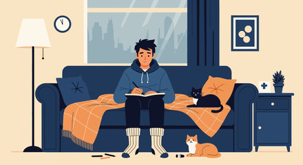 Cozy indoor scene of a man writing in a journal with cats and a comfortable atmosphere