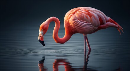 Stunning Pink Flamingo Drinking from Calm Water, Wildlife Photography
