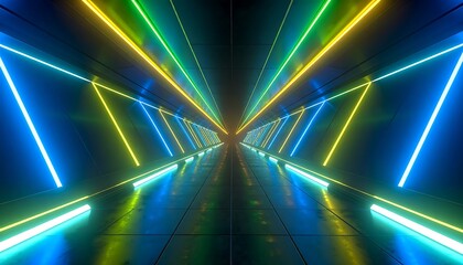 A futuristic hallway with neon lights creates an infinite tunnel effect, showcasing geometric shapes and vibrant colours reflecting on the glossy floor