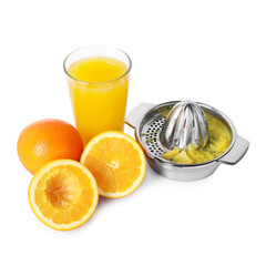 Freshly squeezed orange juice, fruits and juicer isolated on white