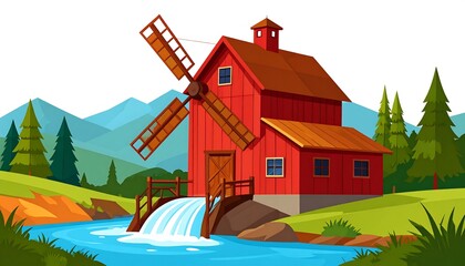 Red barn with windmill and waterfall