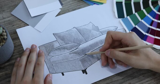 Woman drawing sketch of sofa at wooden table, closeup